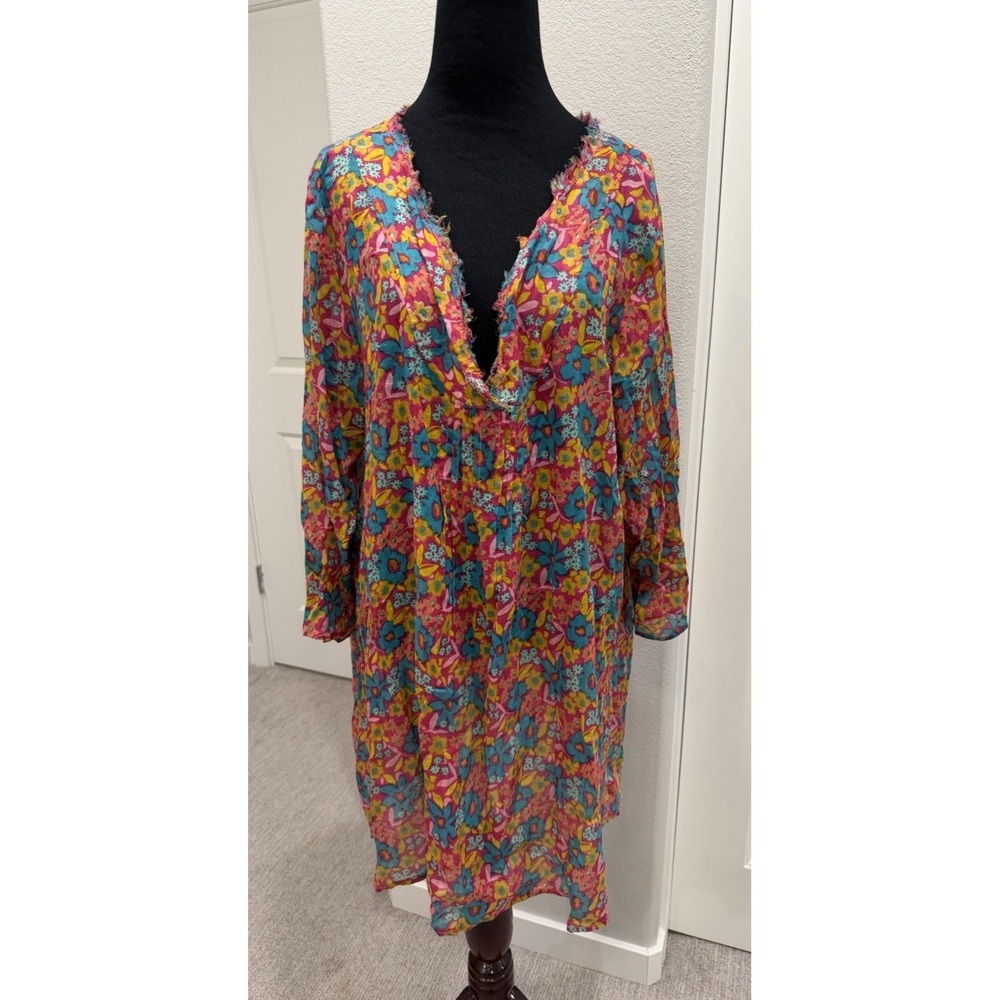 Natural Life Vibrant Floral Tunic Top Swim Cover Up L/XL Lightweight Resort Wear